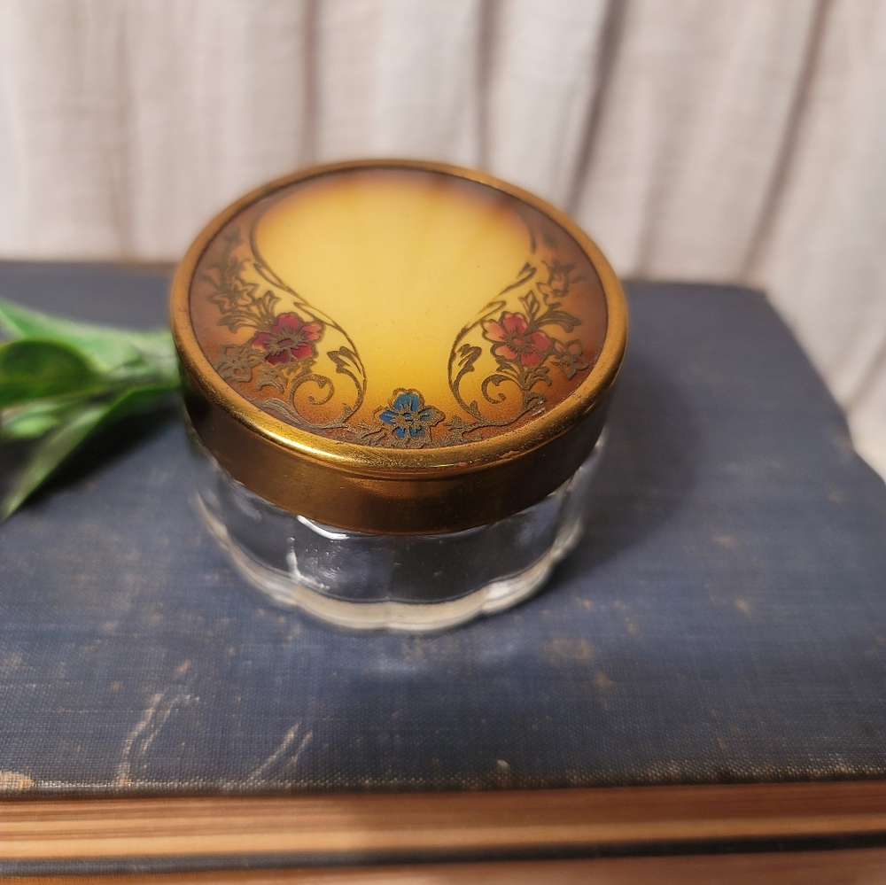 Vintage Glass Jar with Floral Gold Lid